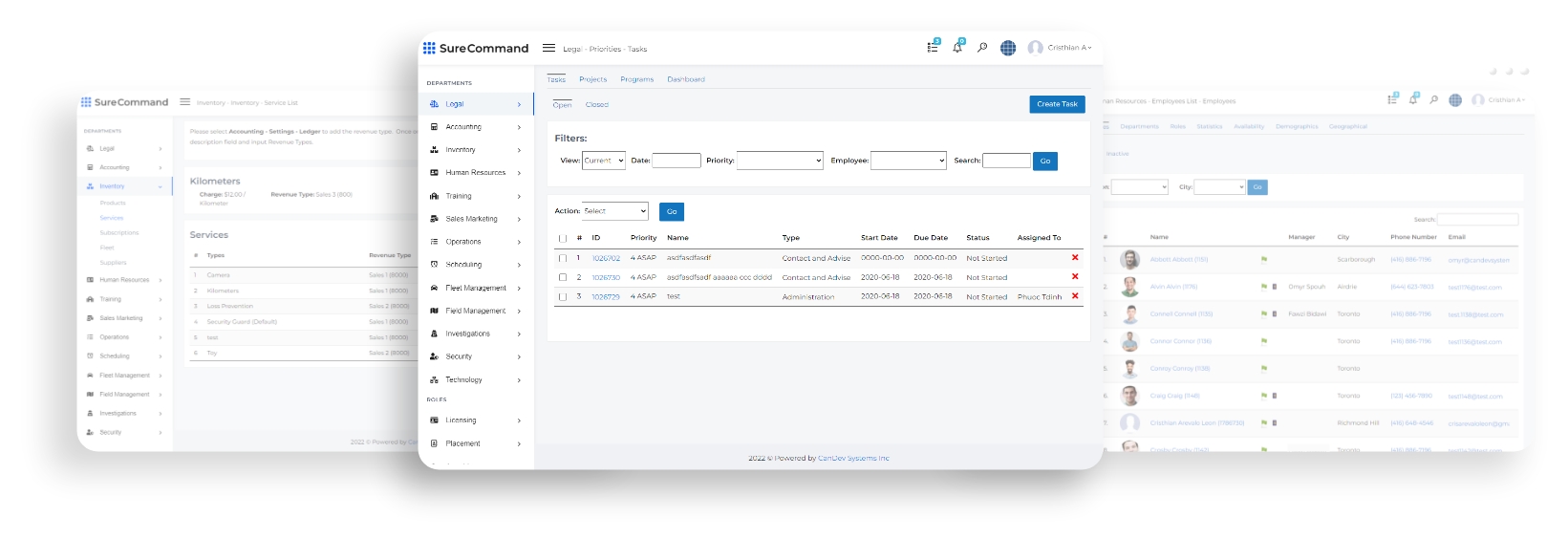 Dashboard and internal view of SureCommand ERP management system portal