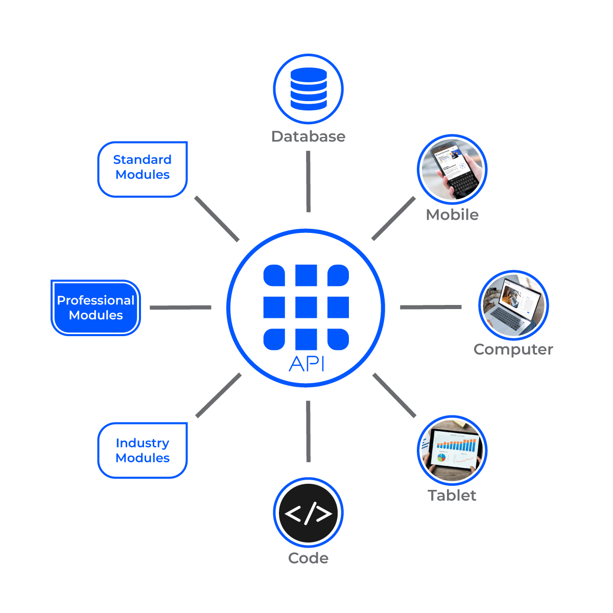 SureCommand API Integration with Standard Modules, Professional Modules, Industry Modules with Mobile, Computer, Tablet through sophisticated programming and Database